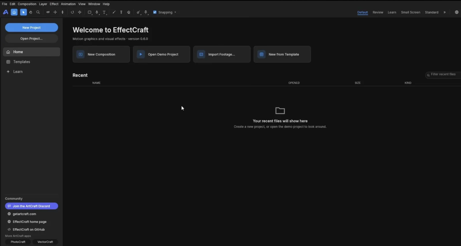 EffectCraft desktop interface showing the welcome screen, project actions, and recent files area